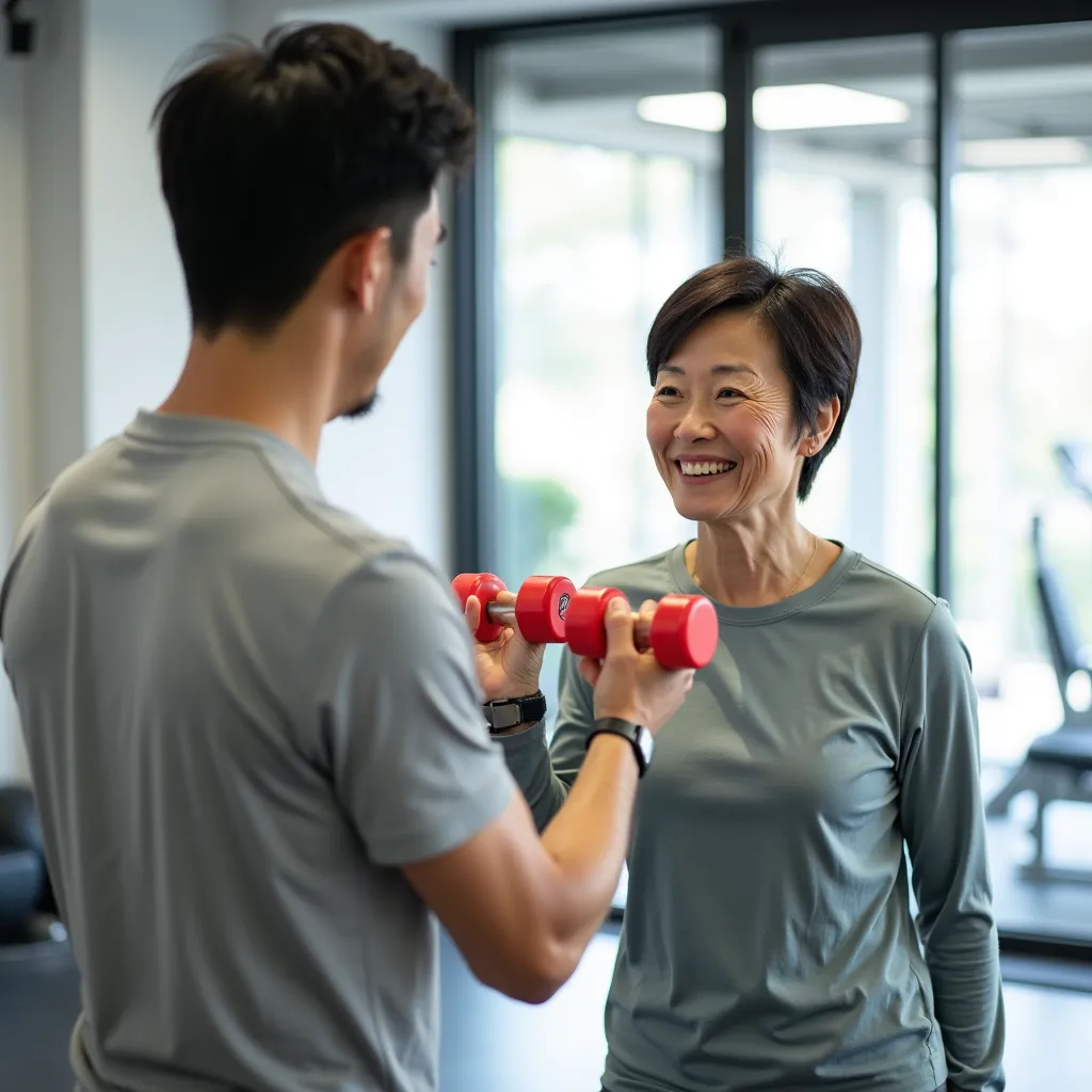 シニア向けダンベル運動を支援するトレーナー